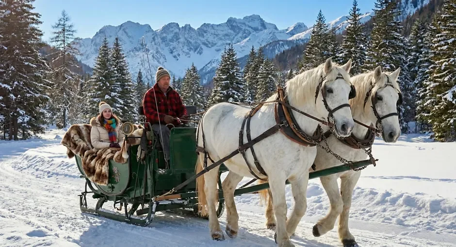 Horse-drawn carriage travelling through the snowy winter landscape of Arosa