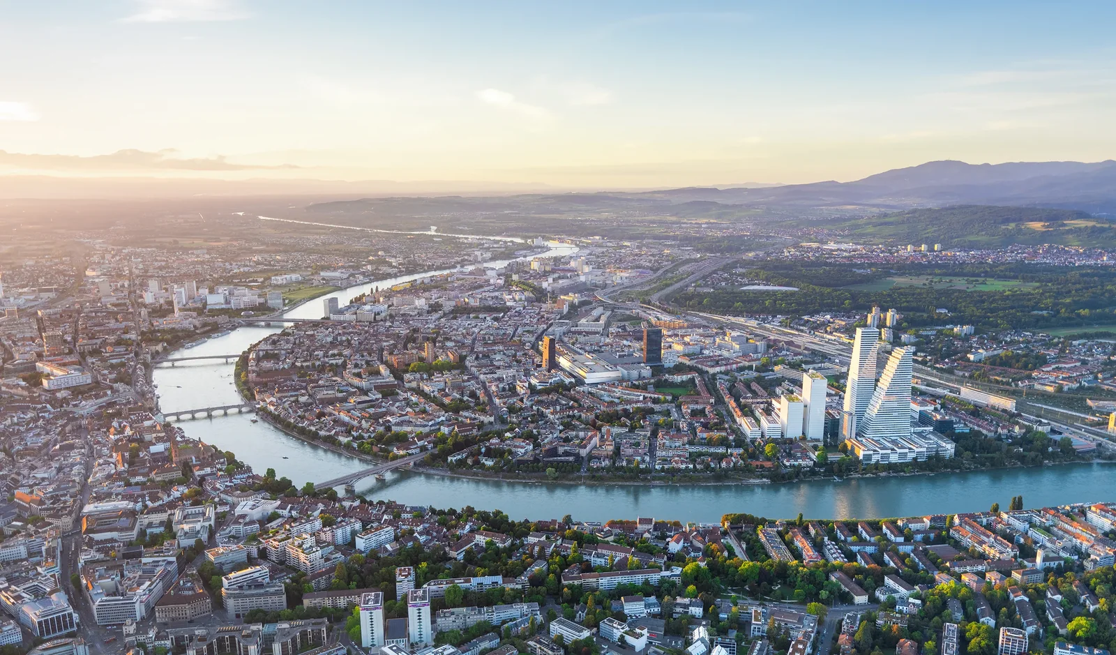 Basel city panorama with the Rhine and Roche towers
