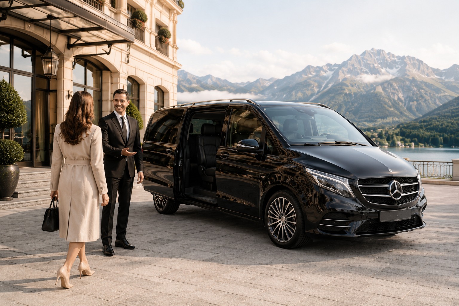 Private chauffeur transfer to Swiss deluxe hotels and alpine destinations.