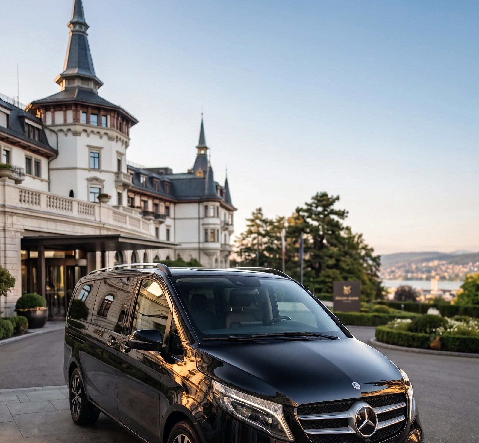 Black Mercedes-Benz V-Class arriving in front of The Dolder Grand in Zurich