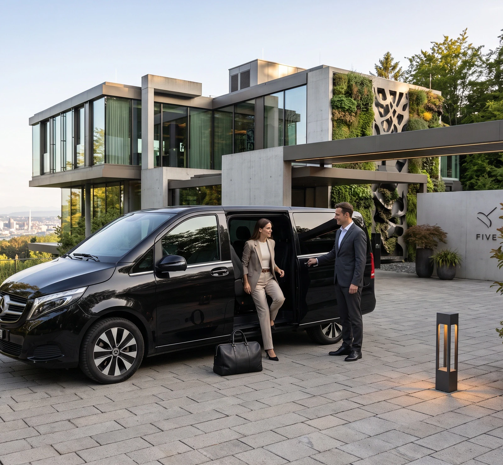 Black Mercedes-Benz V-Class with guest and chauffeur at the FIVE Zurich entrance