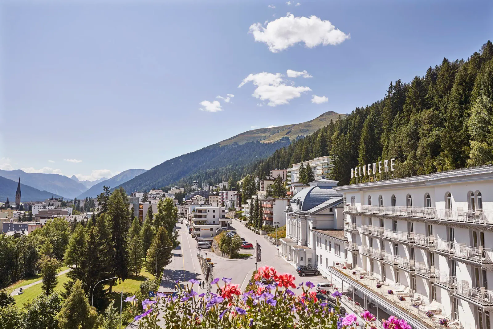 Grandhotel Belvédère overlooking Davos and the surrounding Alpine landscape