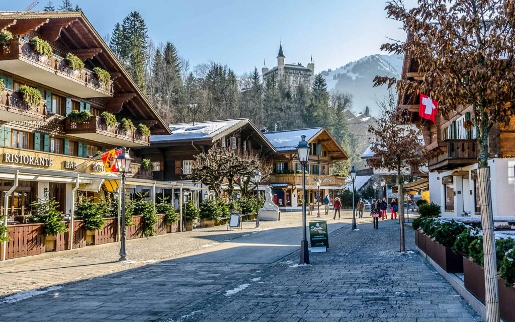 Gstaad village promenade and chalet architecture in winter