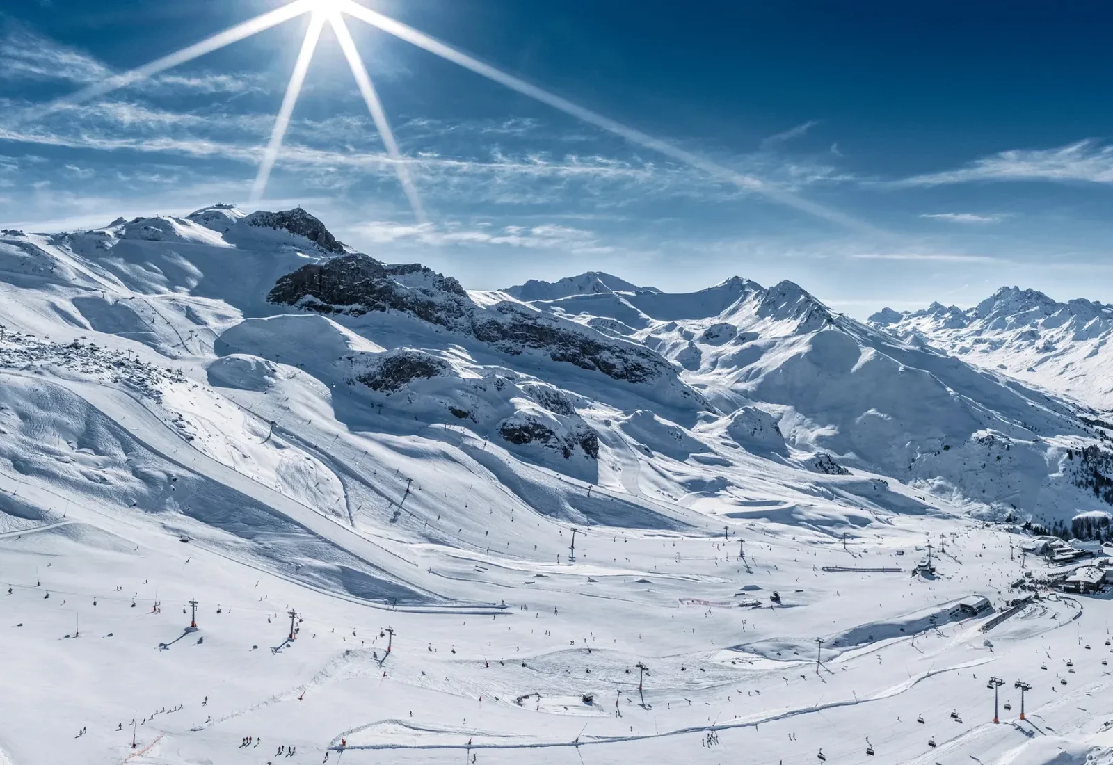 Panoramic winter view of the snow-covered Ischgl and Silvretta ski area with pistes and Alpine peaks