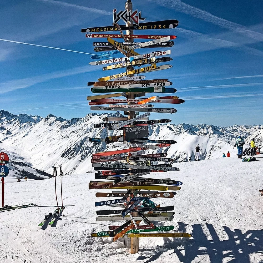 Ischgl ski-sign installation with the Silvretta mountain panorama