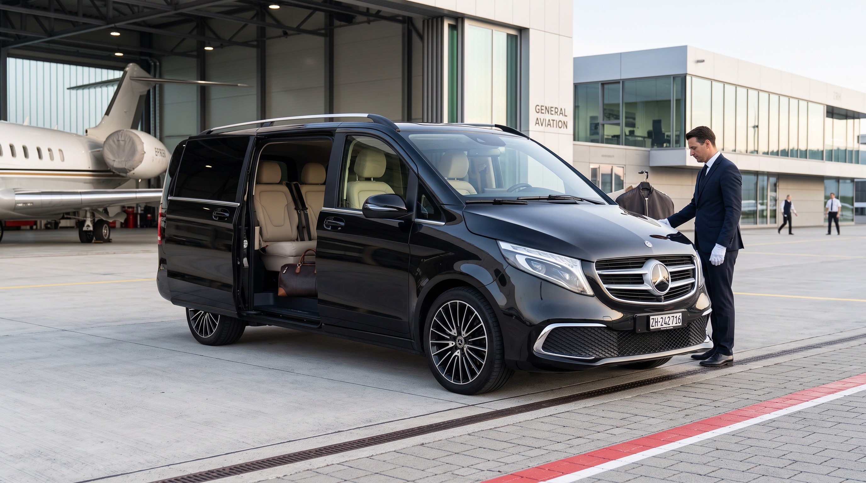 Private aviation chauffeur transfer with Mercedes V-Class