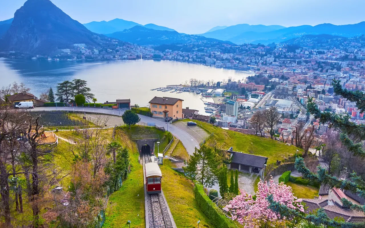 Lake Lugano and the city of Lugano viewed from Monte Brè