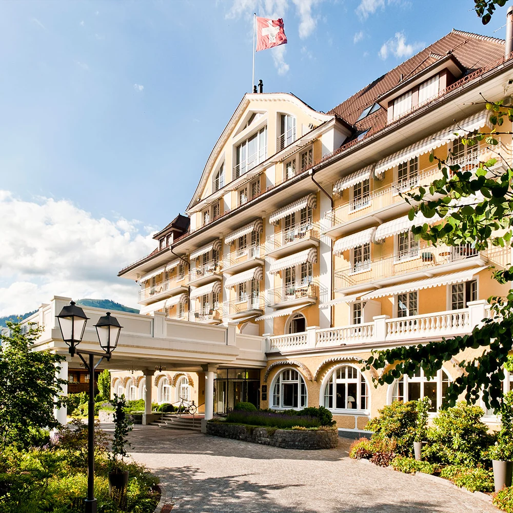 Le Grand Bellevue in Gstaad with its distinctive gable, facade and entrance
