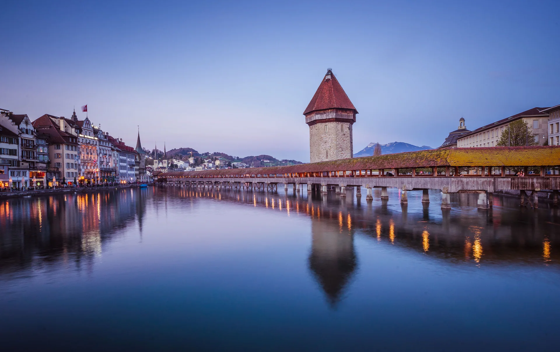 Lucerne Old Town and Chapel Bridge reflected in the Reuss River