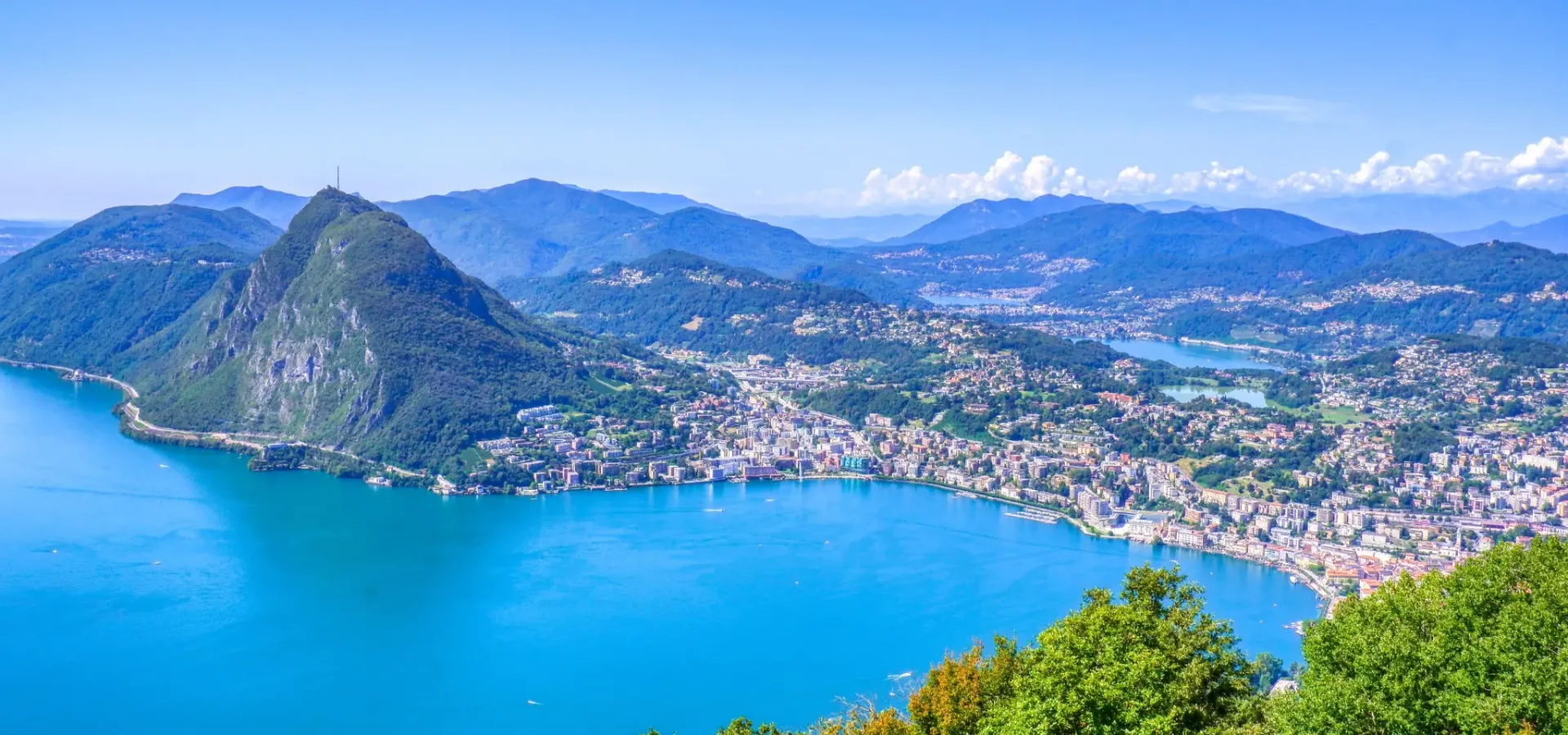 Panoramic view of Lugano and Lake Lugano beneath the Ticino mountains