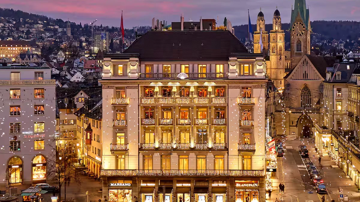 Mandarin Oriental Savoy Zurich on Paradeplatz at dusk