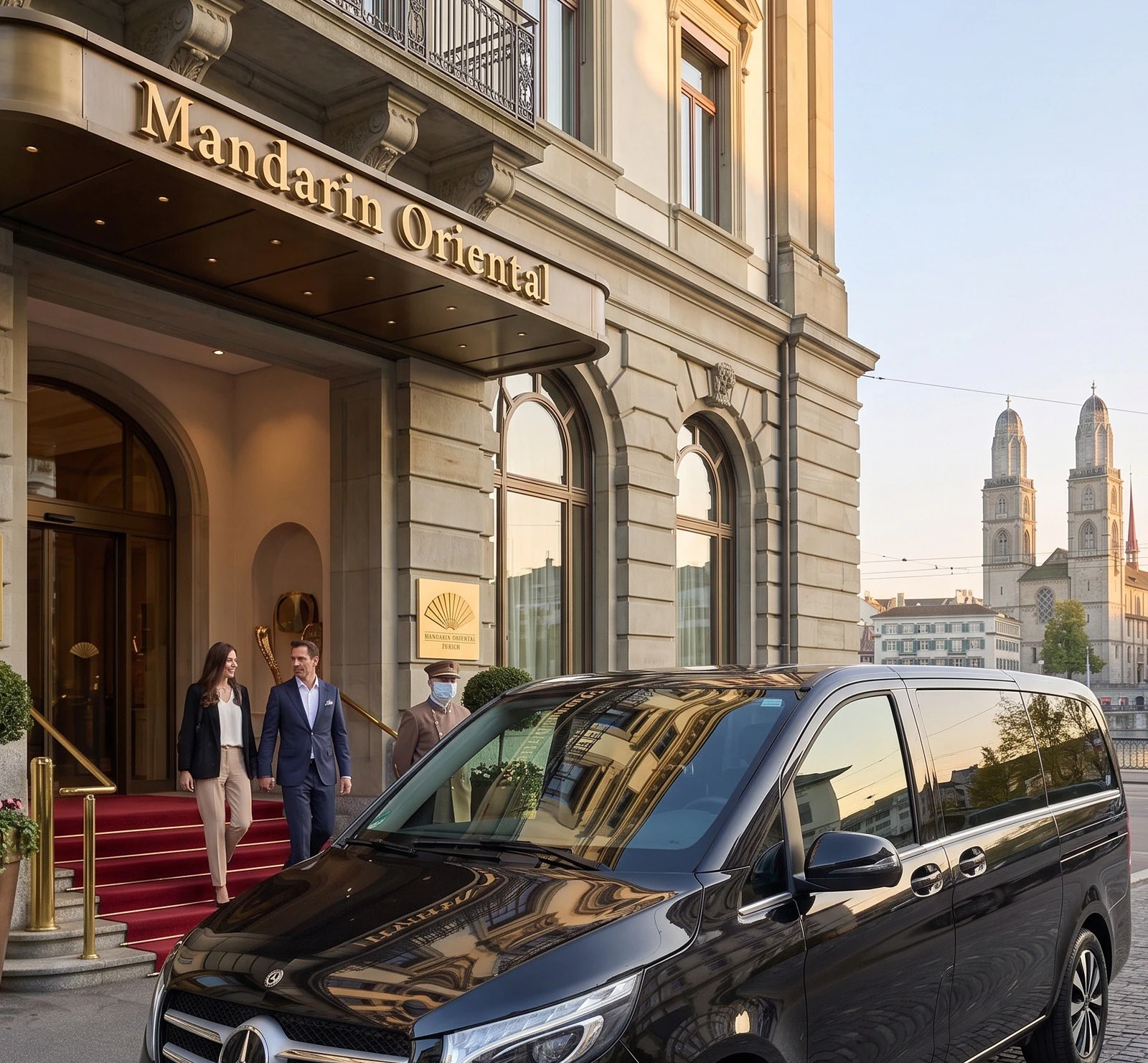 Black Mercedes-Benz V-Class arriving at Mandarin Oriental Savoy, Zurich with the hotel entrance and Grossmünster visible
