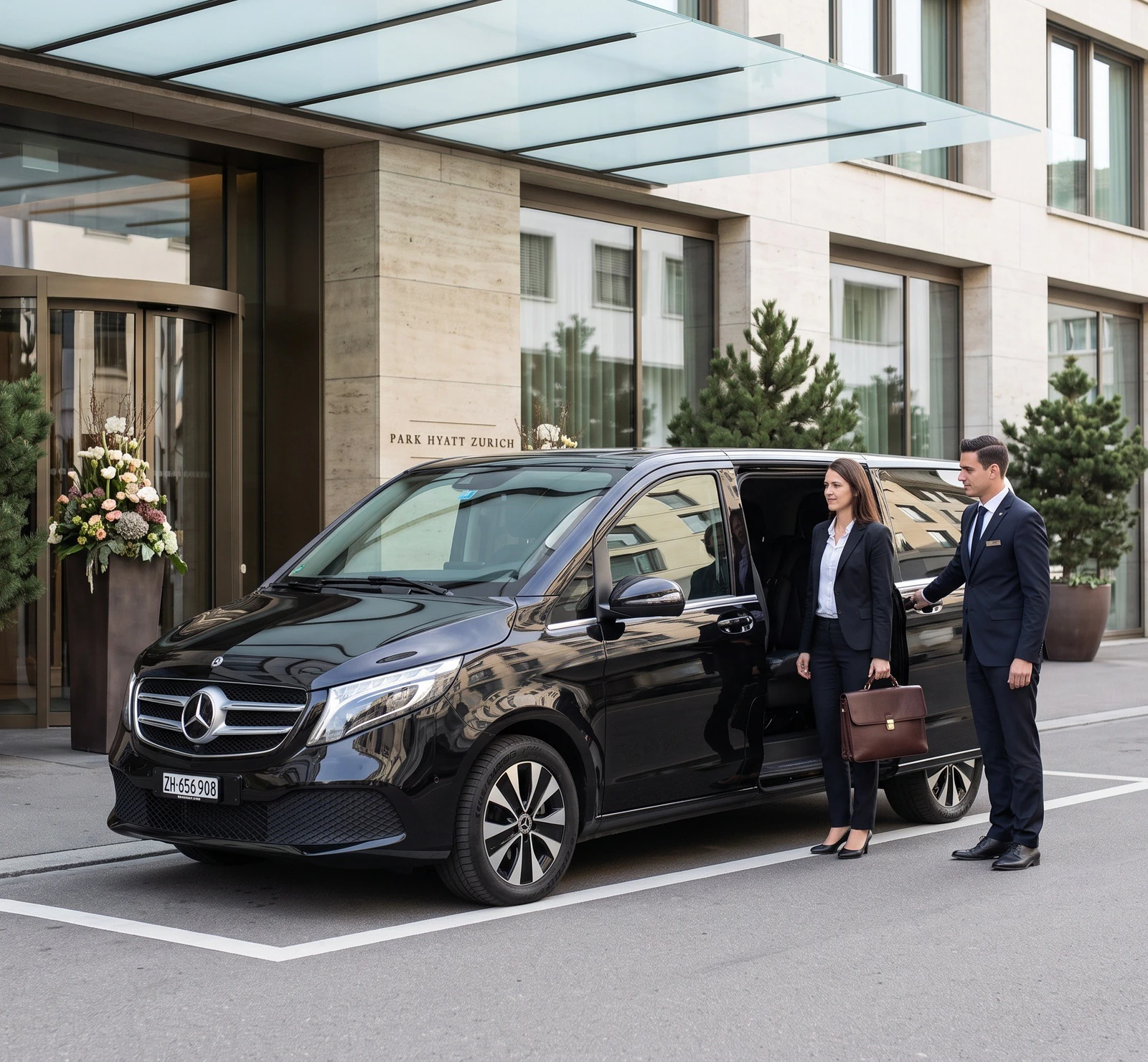 Black Mercedes-Benz V-Class with guest and chauffeur at the Park Hyatt Zurich entrance