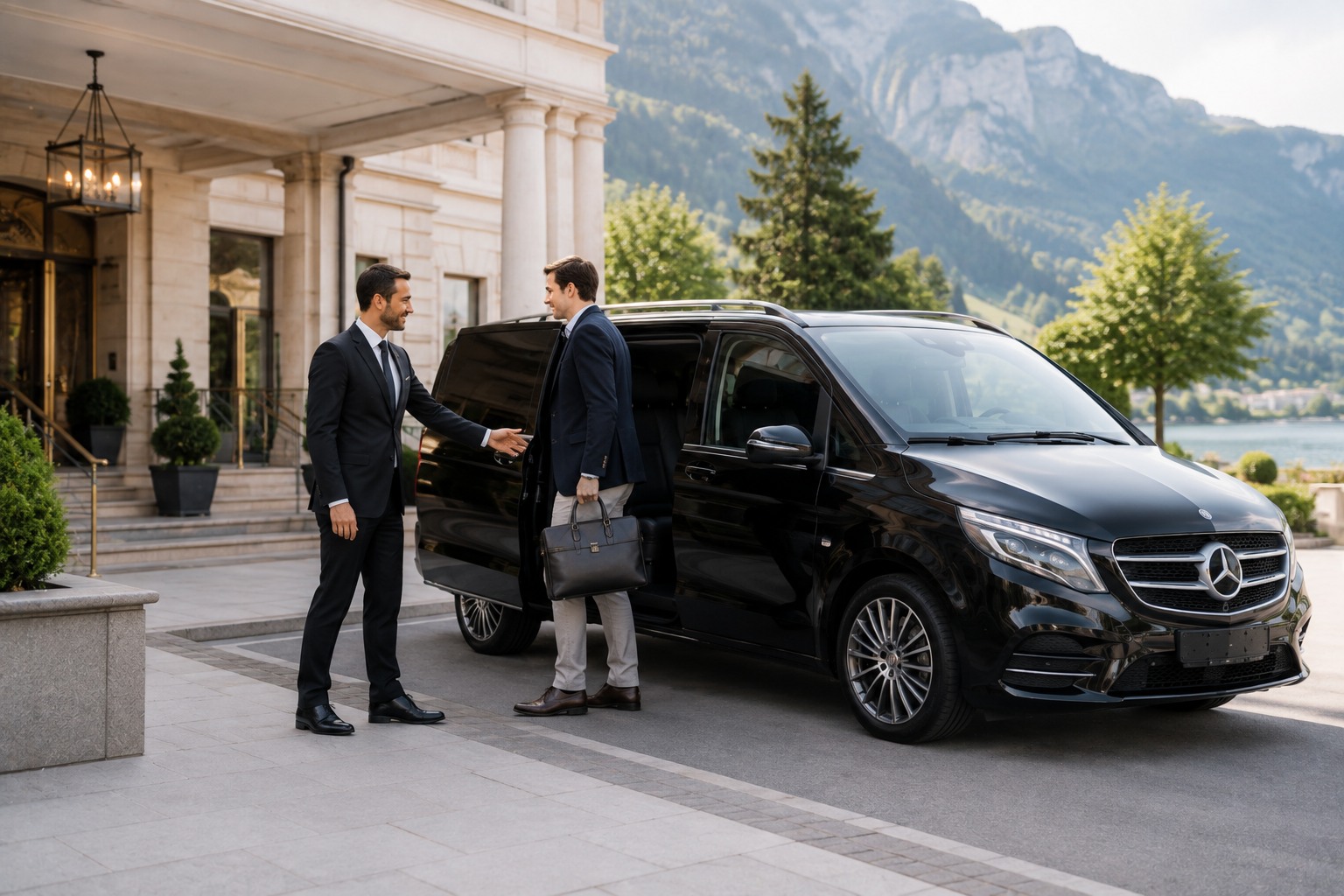 Premium long-distance transfer through Switzerland with alpine scenery.