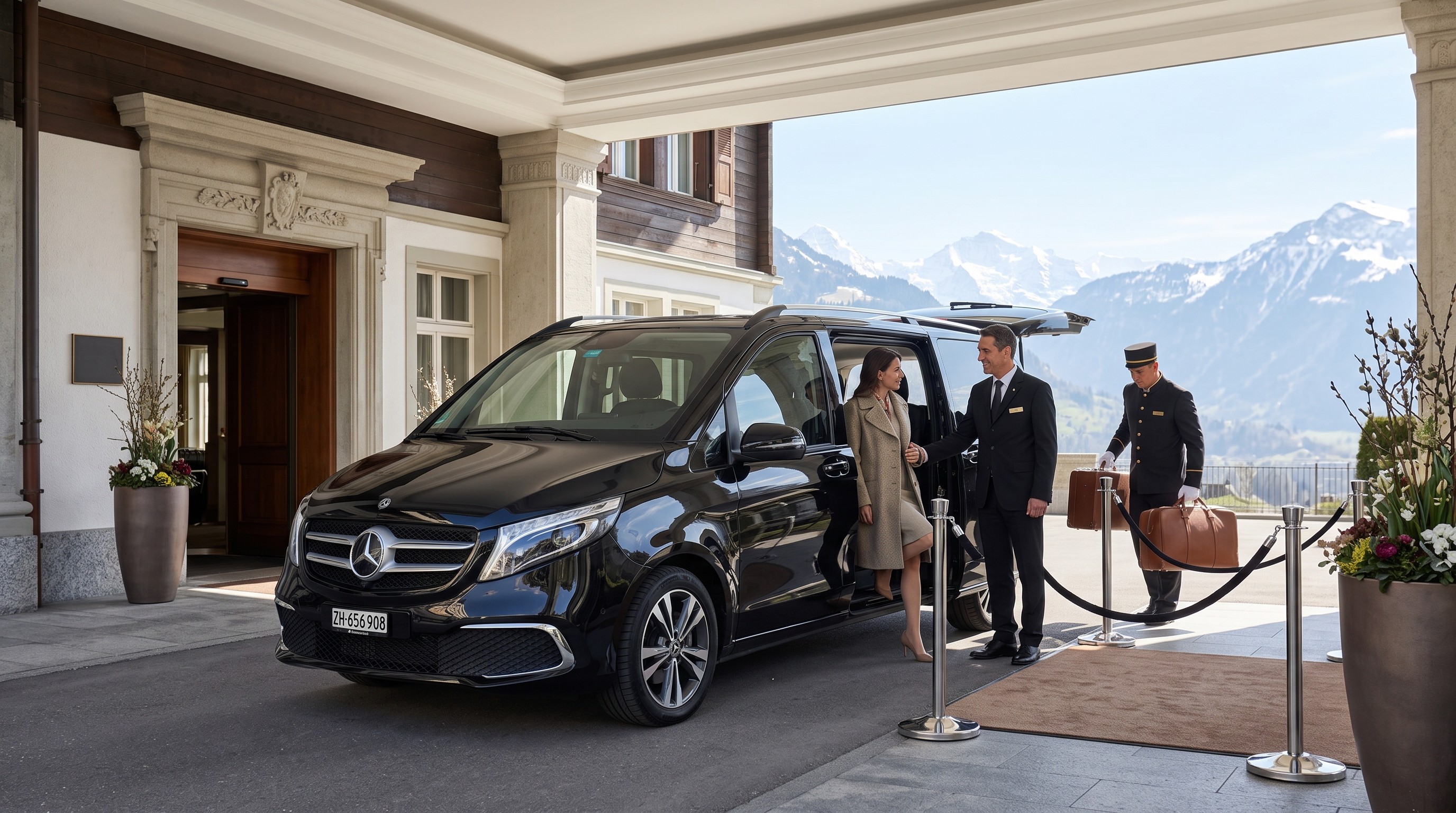 Private chauffeur arrival at a luxury hotel in Switzerland