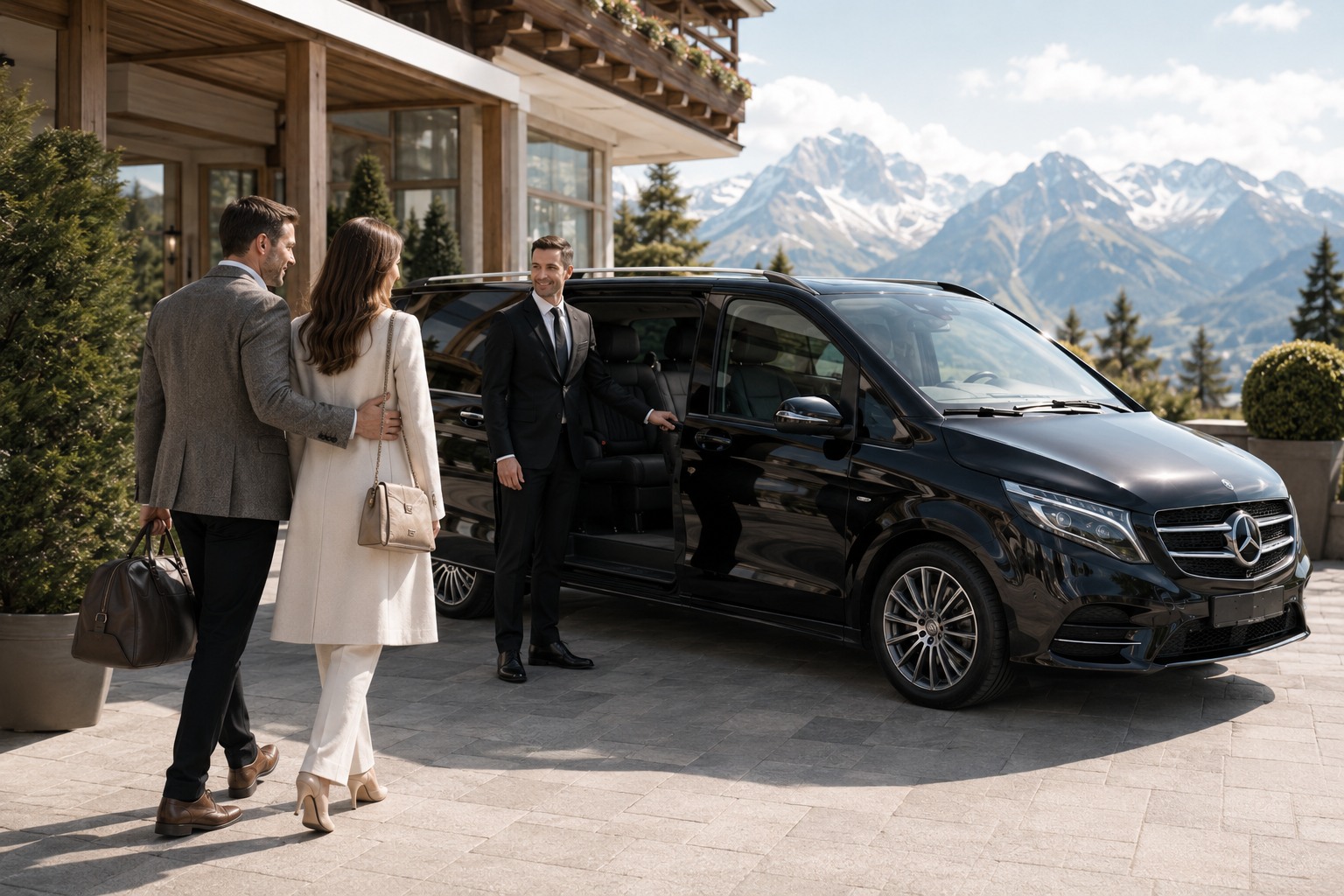 Private chauffeur welcoming a guest beside a premium vehicle at a Swiss hospitality setting.