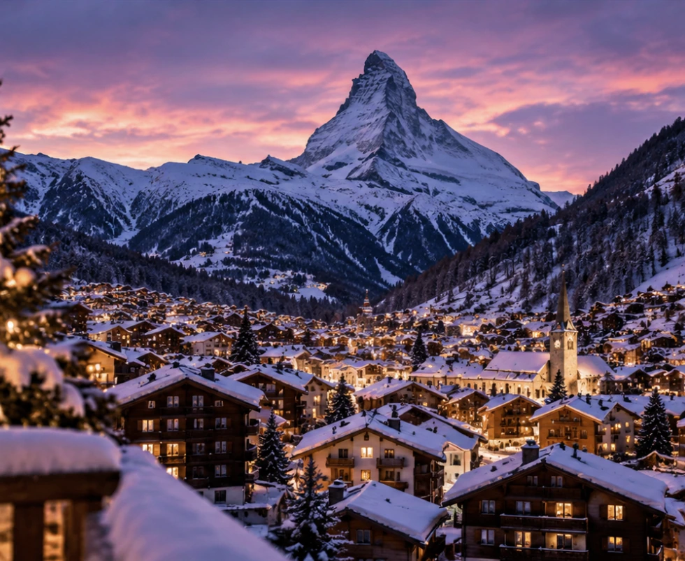 Winter view over Zermatt beneath the Matterhorn